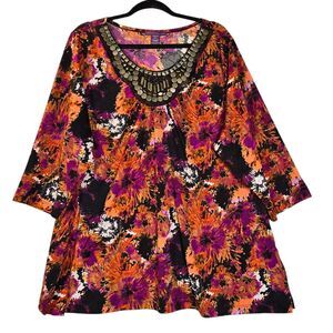 Beverly Drive Womens 3X Blouse Stretch Colorful Studded Abstract Floral